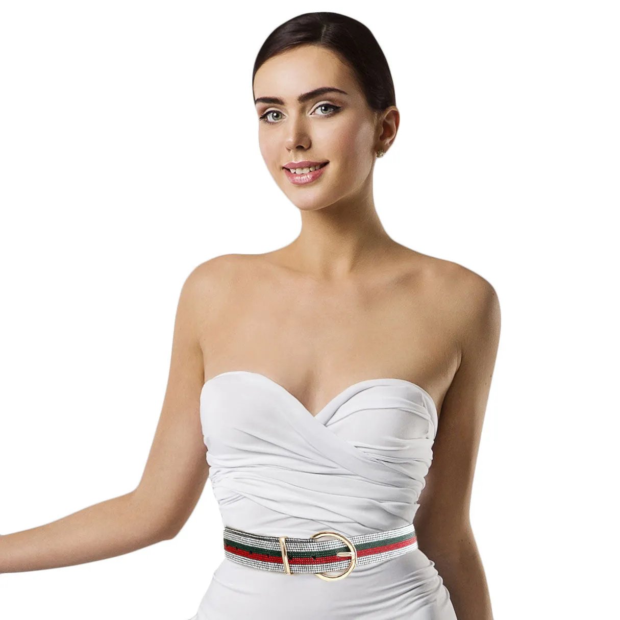 Designer Style Women's Black Belt with Rhinestone Stripe Detail