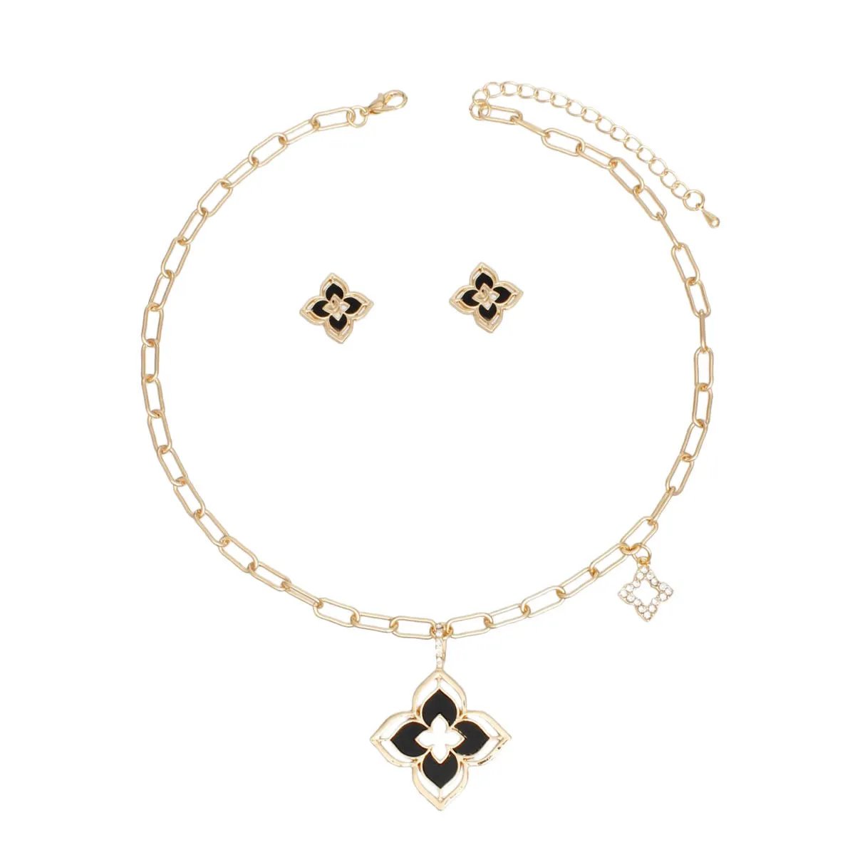 Gold Monogram Flower Necklace Set with Black Resin & Rhinestone Details - Fashion Jewelry for Women