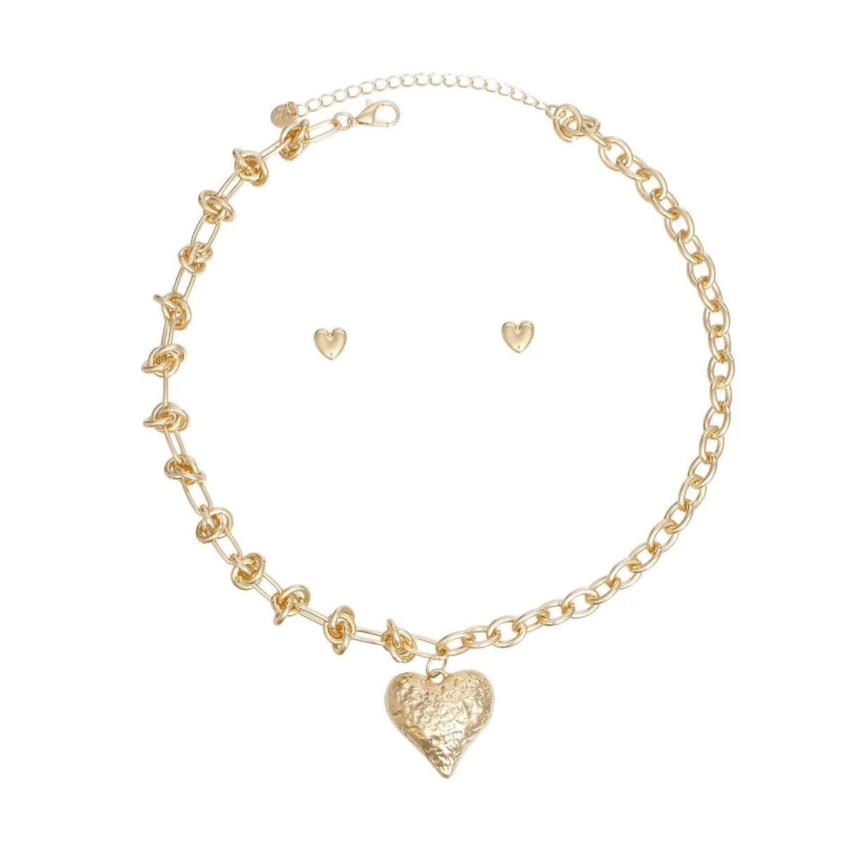 Women's Gold Heart Pendant Necklace Set with Knotted Chain Design