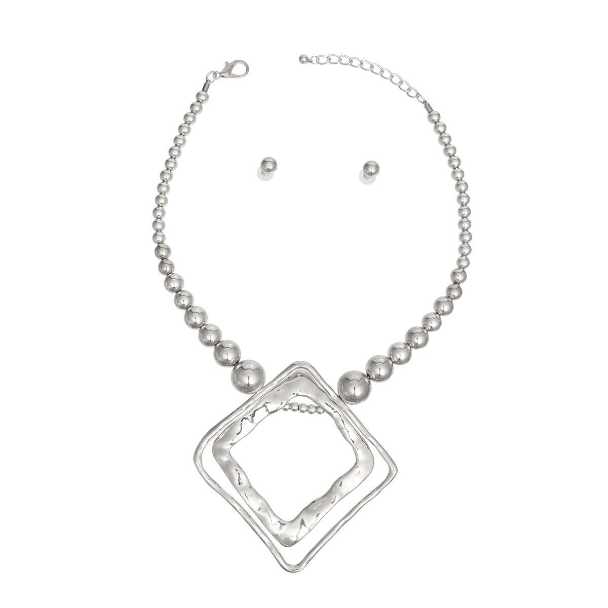 Open Diamond Double Cut Out Pendant Silver Necklace Set - Dazzling Elegance