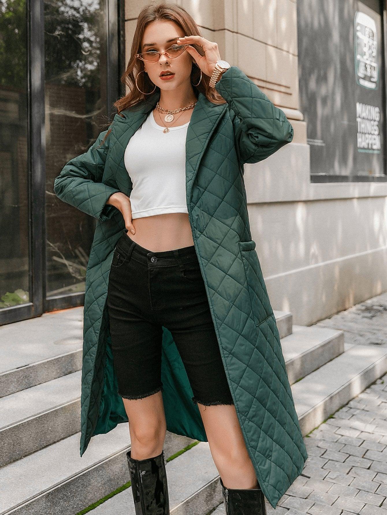 Open Front Patch Pocket Belted Quilted Padded Coat Dark Green
