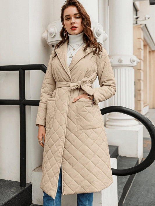 Open Front Patch Pocket Belted Quilted Padded Coat Khaki