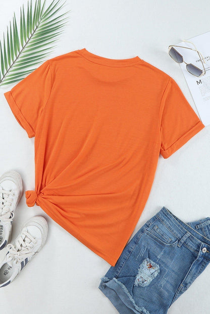 Orange Black Cat Graphic Print Short Sleeve T Shirt