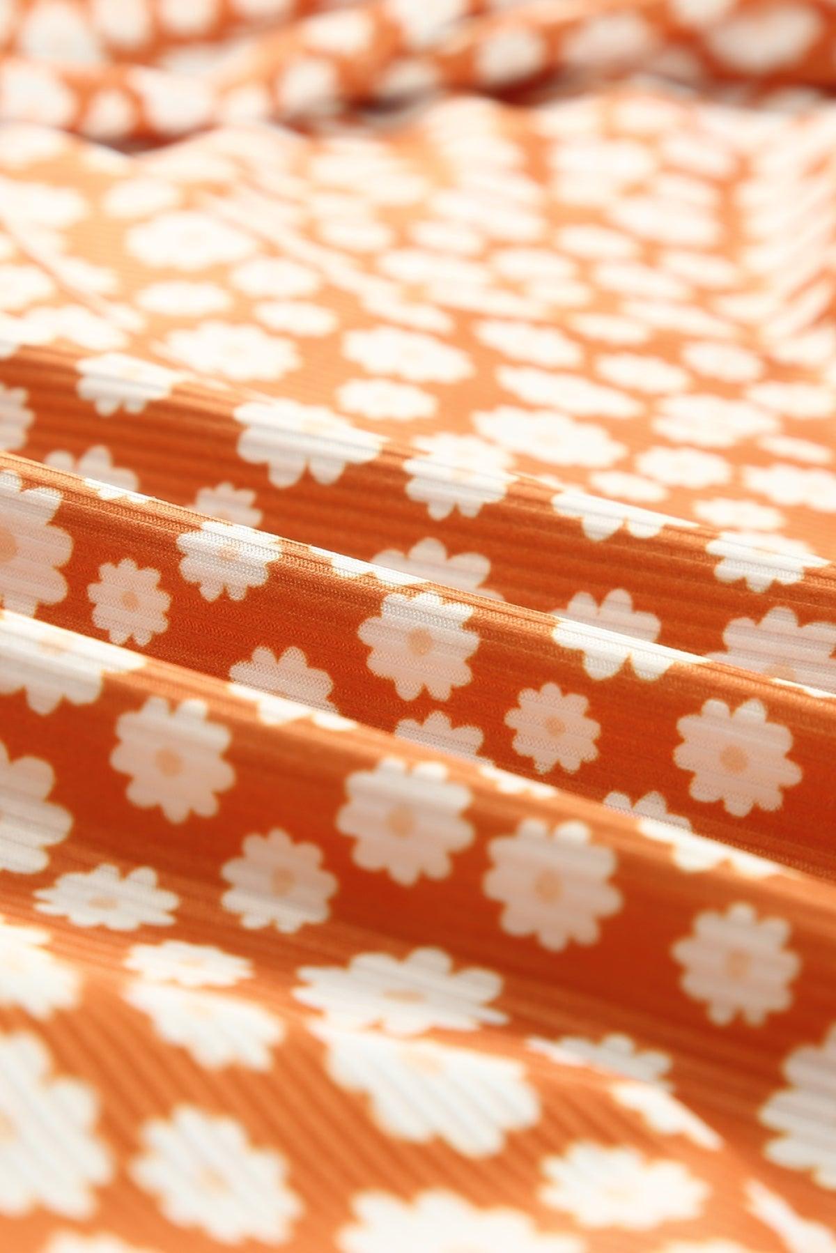Orange Plus Size Colorblock Blooming Daisy Long Sleeve Flowy Top