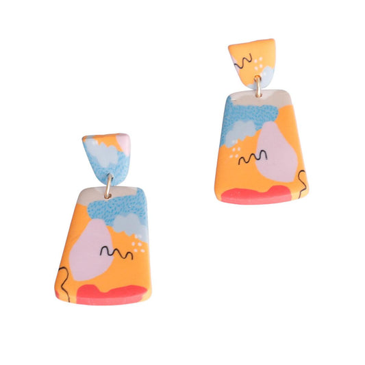 Orange/Multicolor Abstract Design Trapezoid Dangle Earrings - Statement Jewelry for Women