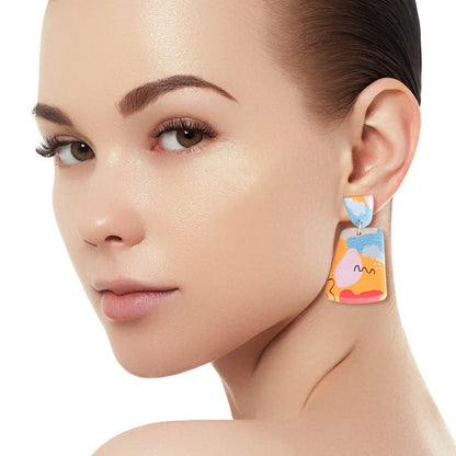 Orange/Multicolor Abstract Design Trapezoid Dangle Earrings - Statement Jewelry for Women