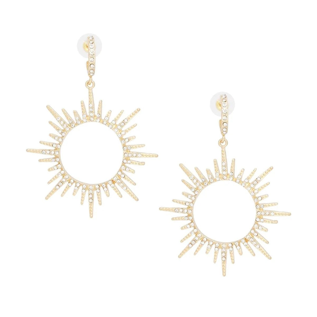 Women's Gold Sunburst Drop Hoop Earrings with Clear Rhinestones – Shine Bright Statement Jewelry