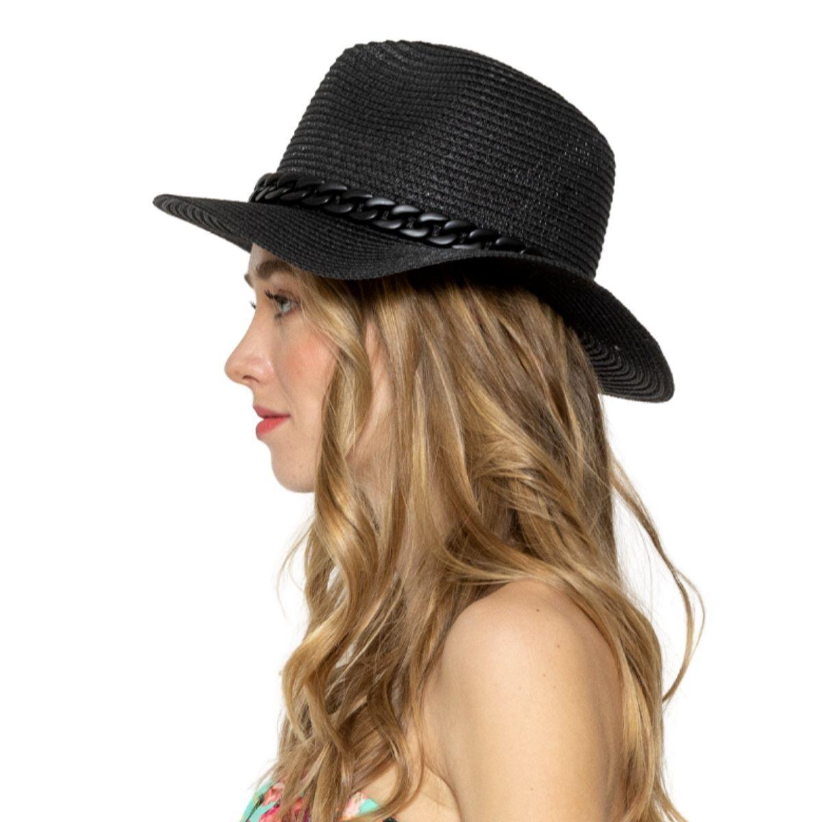 Panama Hat in Black with Chain Band Detail for Women