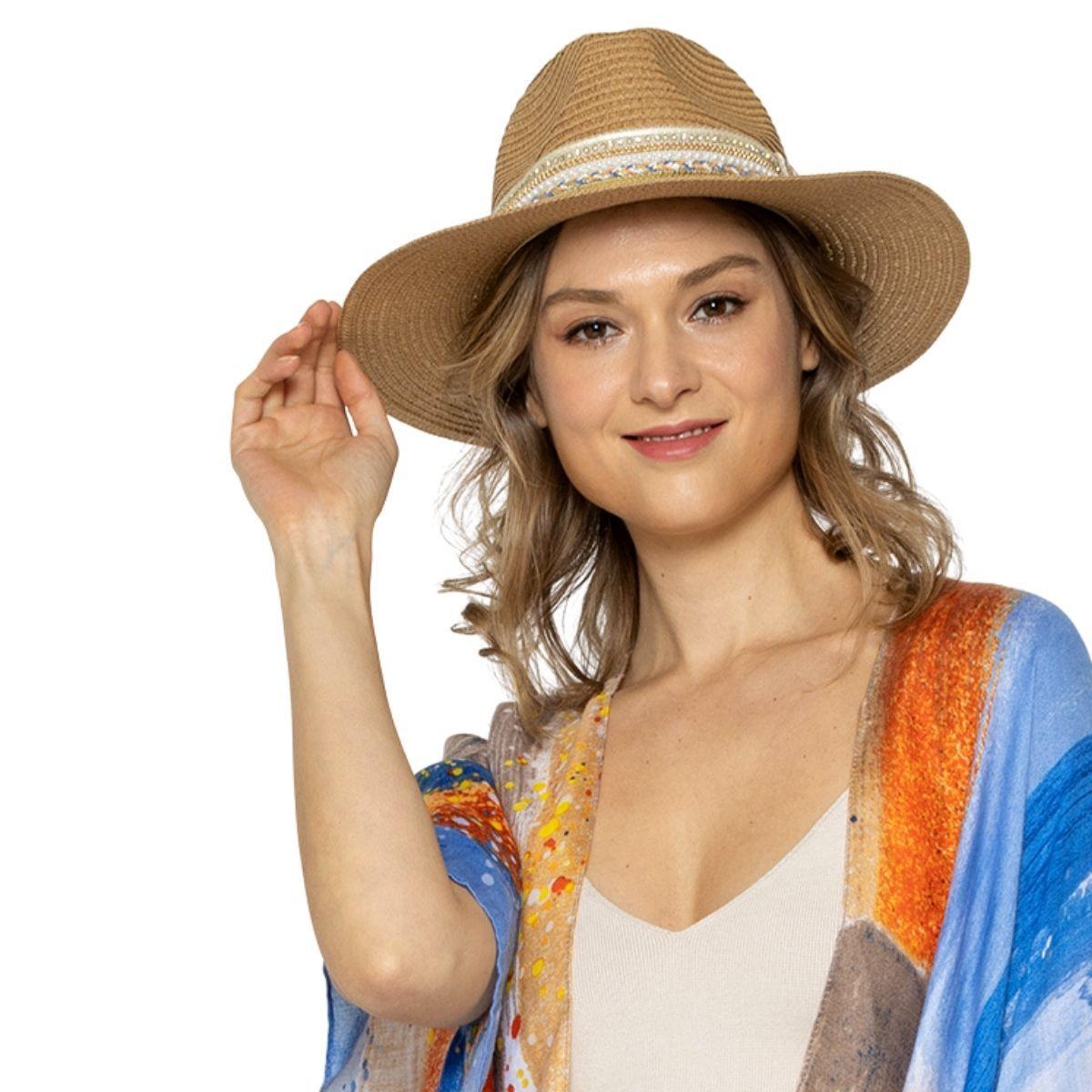Panama Hat in Camel for Women with Embellishments
