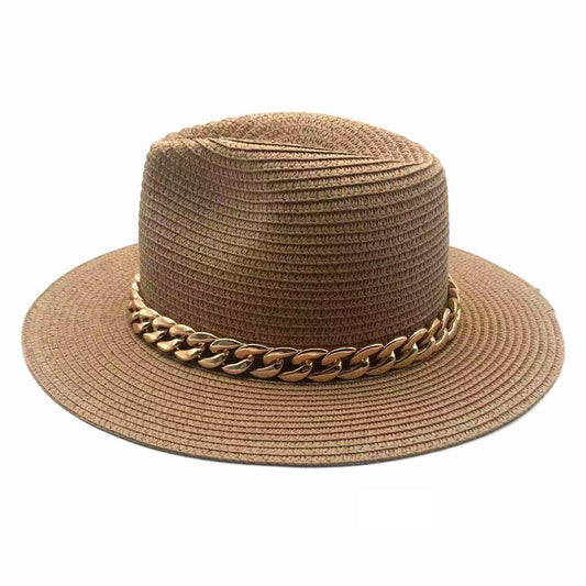 Panama Hat in Camel with Chain Band Detail for Women