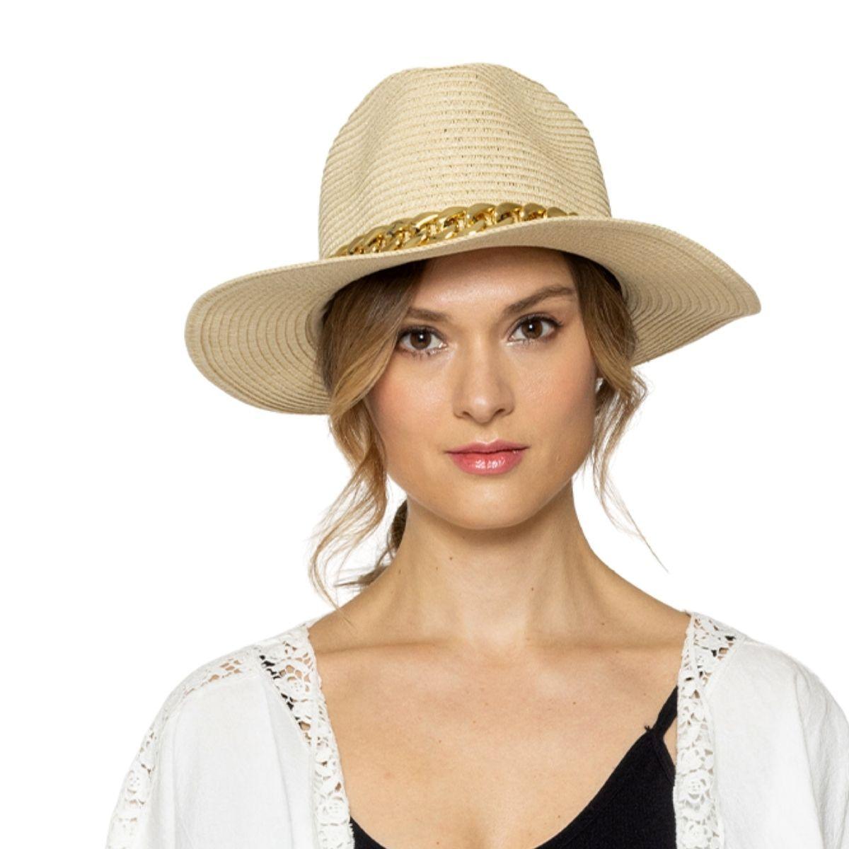 Panama Hat in Ivory with Chain Band Detail for Women