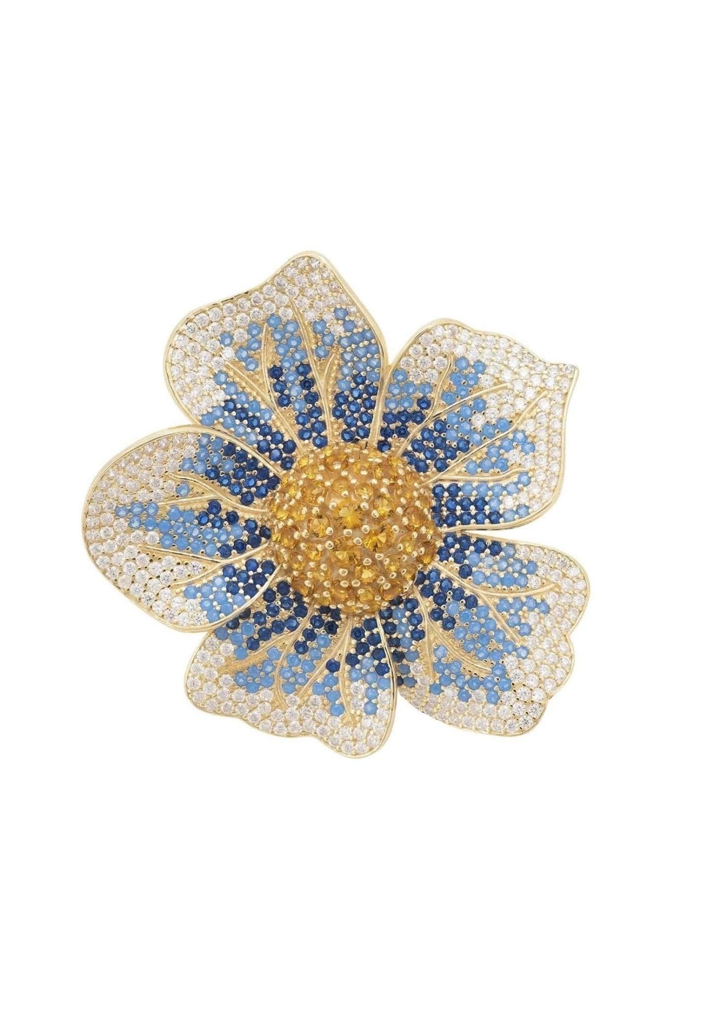 Pansy Flower Blue Ring Gold Plated