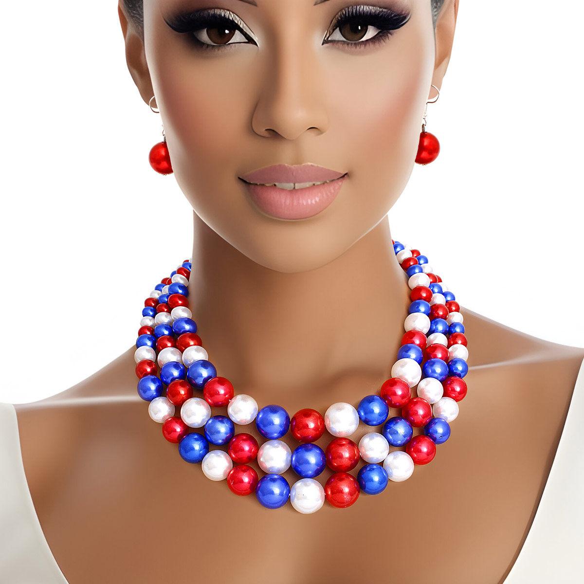 Patriotic Red White & Blue Bead Necklace Set - Stylish Americana Jewelry