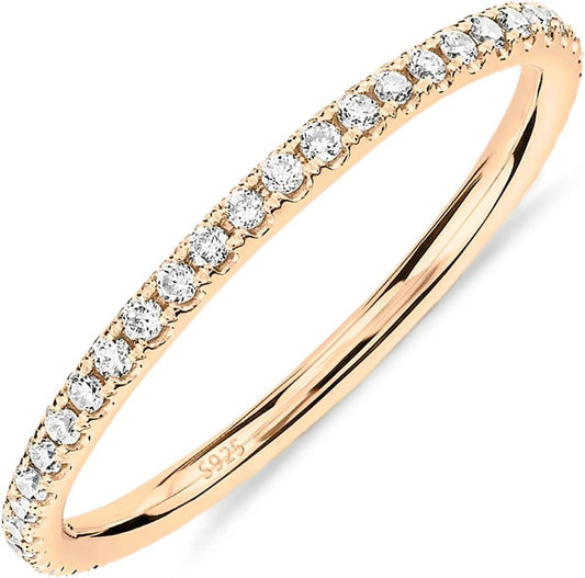 PAVOI 14K Yellow Gold Plated 925 Sterling Silver Stackable CZ Ring for Women | Thin Band for Stacking | Simulated Diamond Eternity Wedding Band | Size 7
