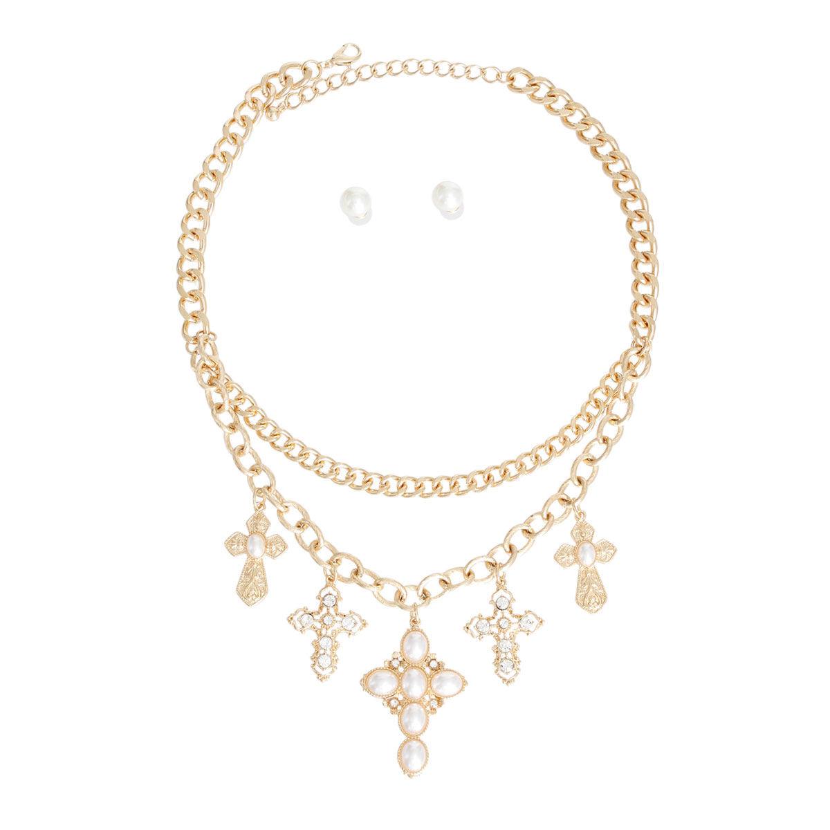 Pearl-Adorned Suspended Cross Fashion Necklace Set