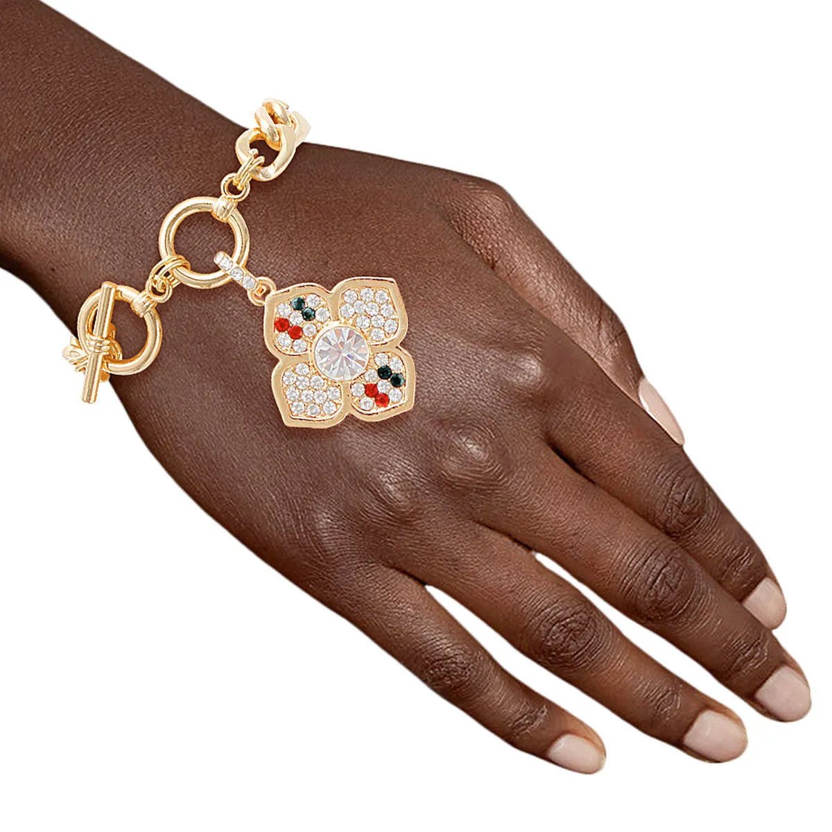Gold Tone Rhinestone Flower Charm Toggle Bracelet - Luxury French Designer Inspired