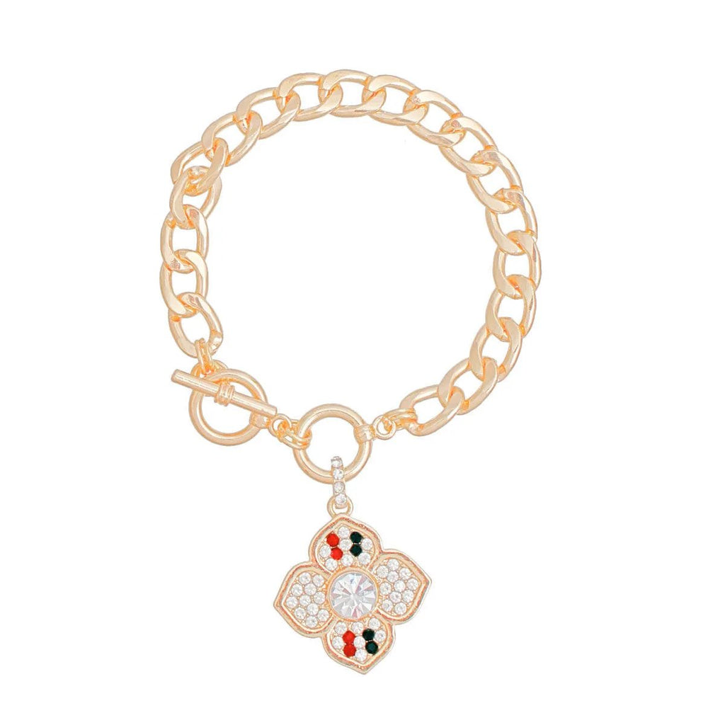 Gold Tone Rhinestone Flower Charm Toggle Bracelet - Luxury French Designer Inspired