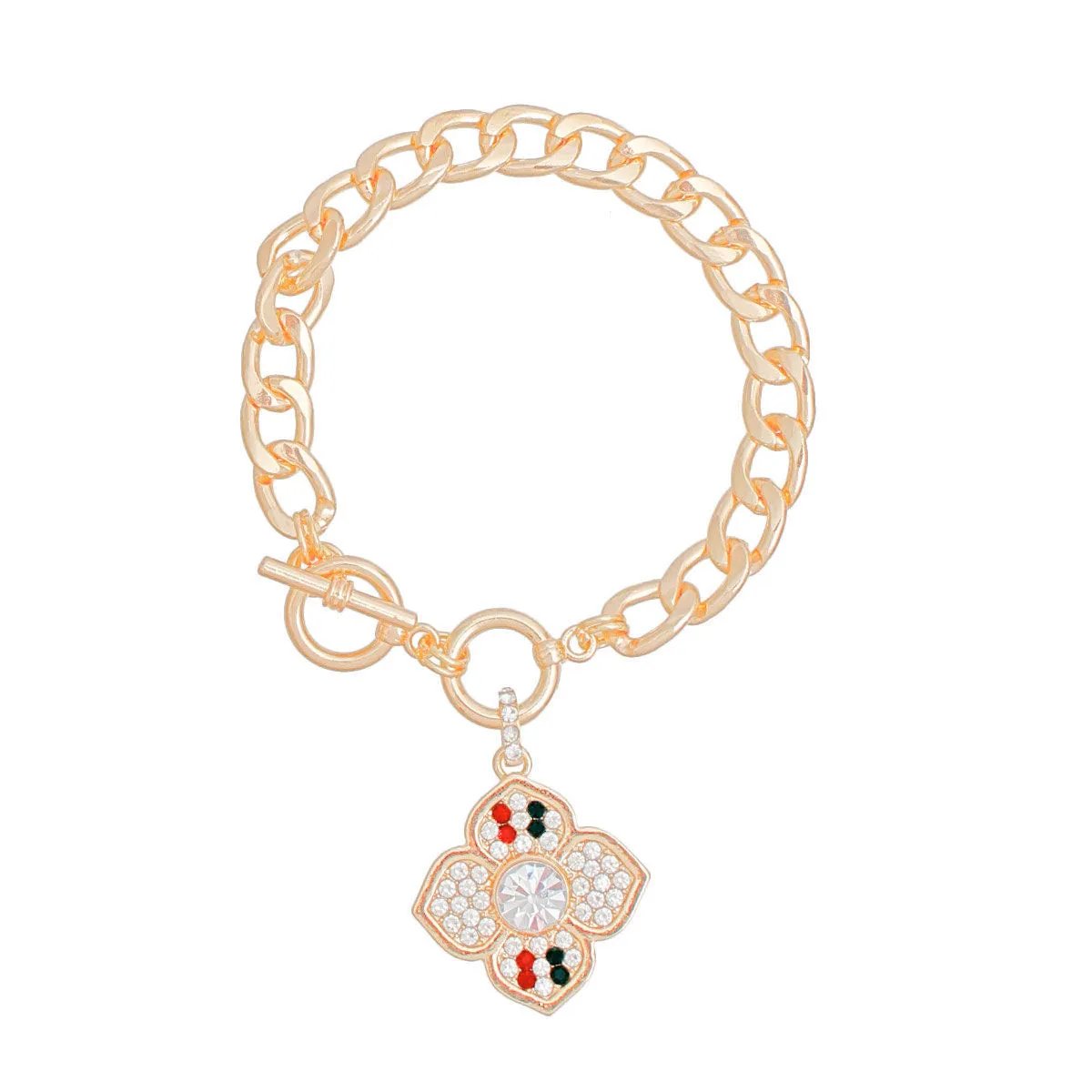 Gold Tone Rhinestone Flower Charm Toggle Bracelet - Luxury French Designer Inspired