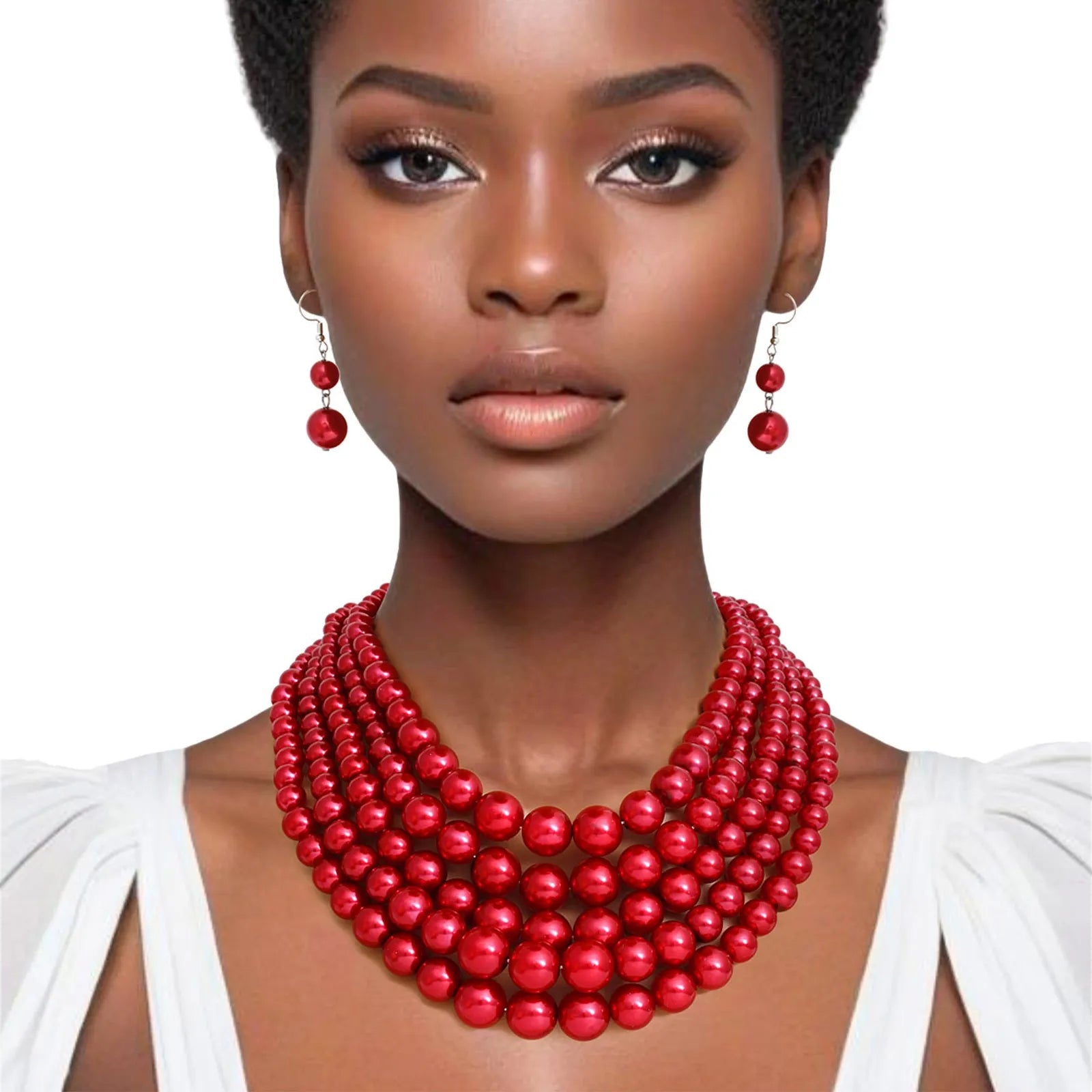 Red Pearl Necklace Set 5 Layer Graduated Multi Strand with Earrings | Fashion Jewelry