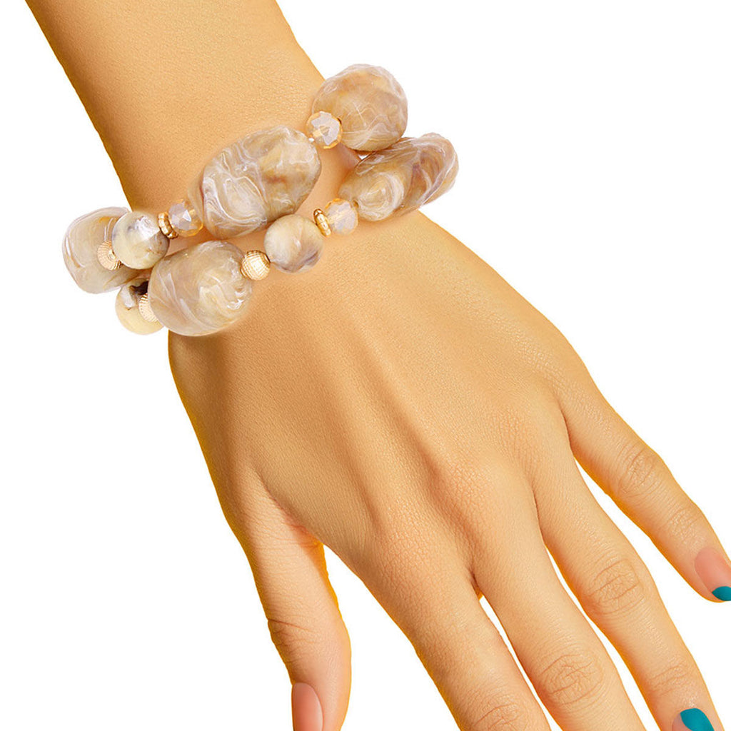 Light Brown Glass Bead Bracelet Set Marbled Resin Stretch