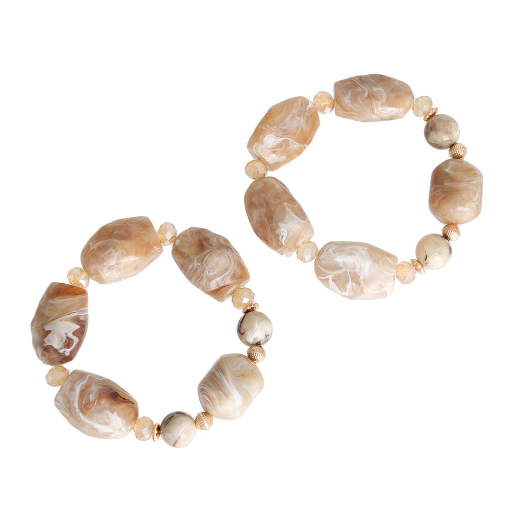 Light Brown Glass Bead Bracelet Set Marbled Resin Stretch
