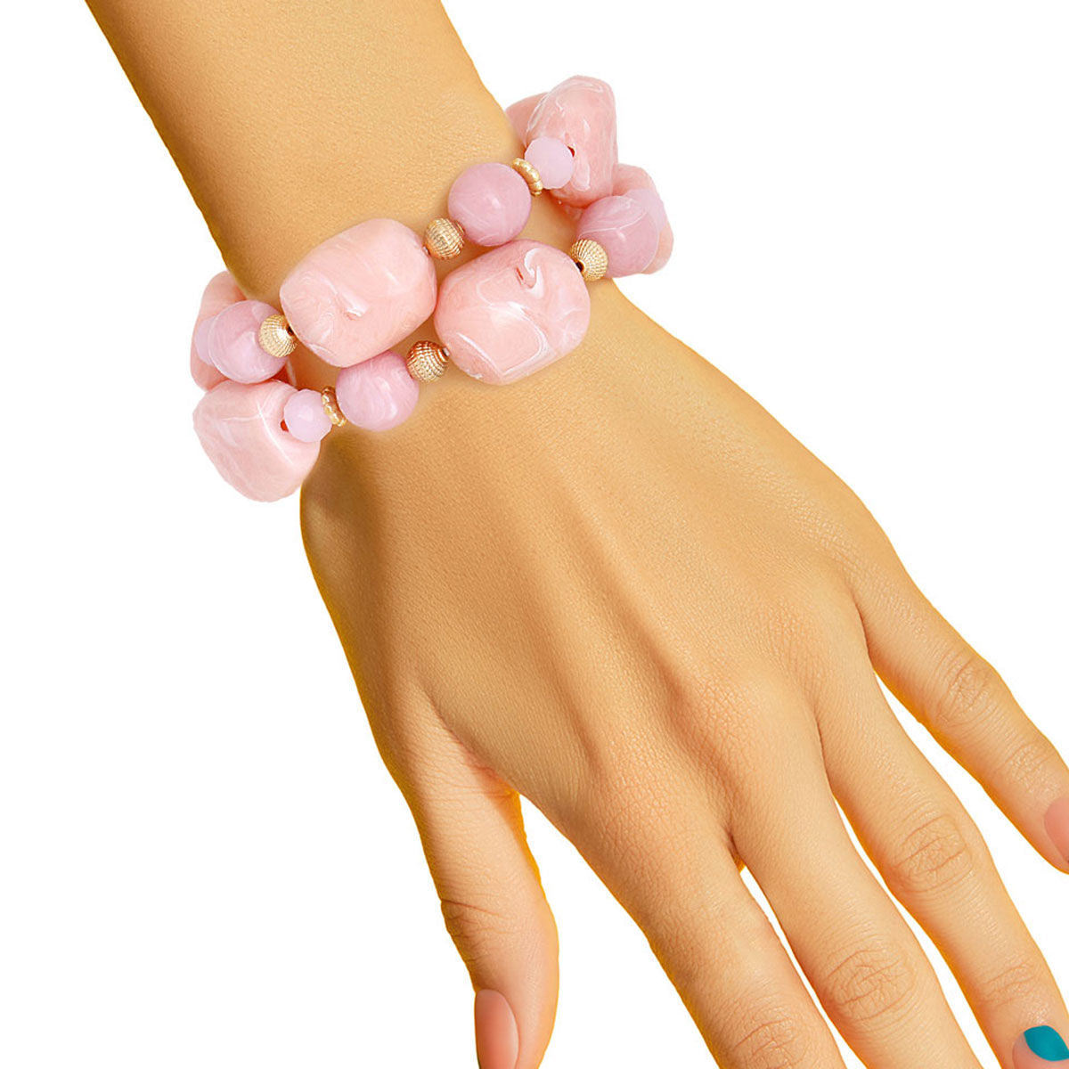 Light Pink Glass Bead Bracelet Set Marbled Resin Stretch