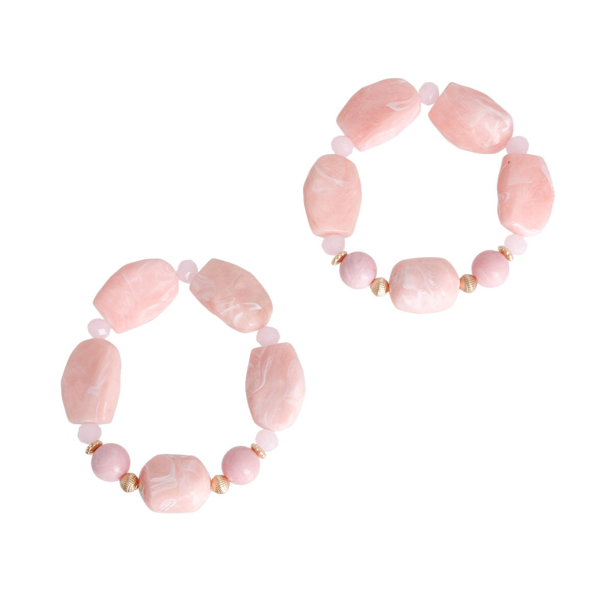 Light Pink Glass Bead Bracelet Set Marbled Resin Stretch