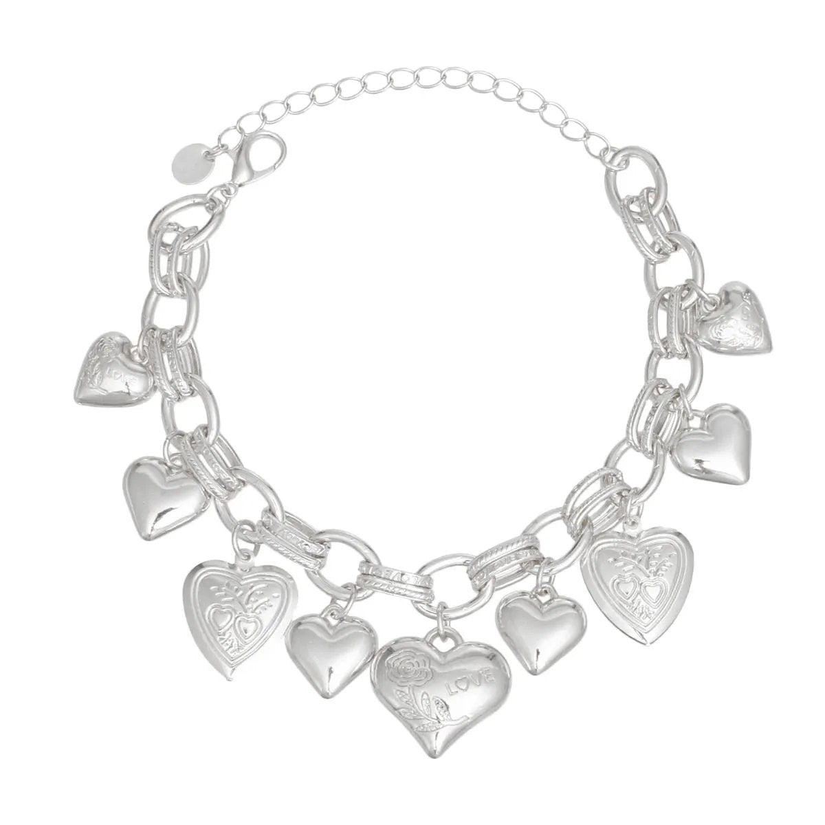 Silver Heart Charm Bracelet with Puffy Engraved Charms, Oval Link Chain, Rhodium Plated