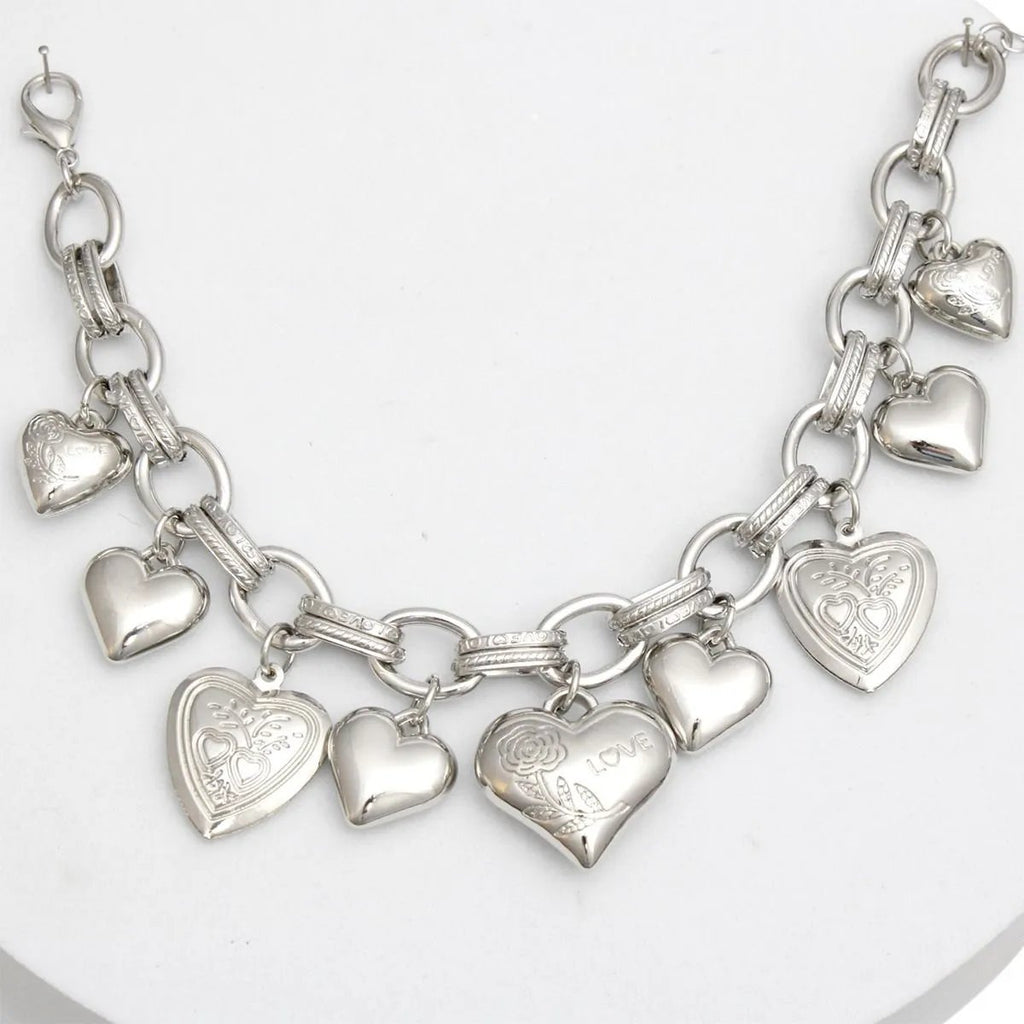 Silver Heart Charm Bracelet with Puffy Engraved Charms, Oval Link Chain, Rhodium Plated