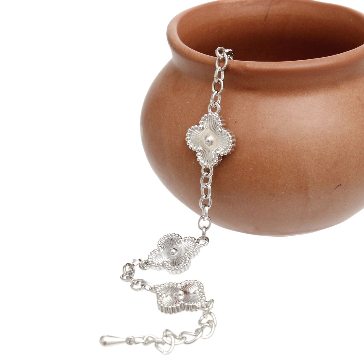 Bracelet Silver Quatrefoil Guilloche 5 Motif Chain Pinktown