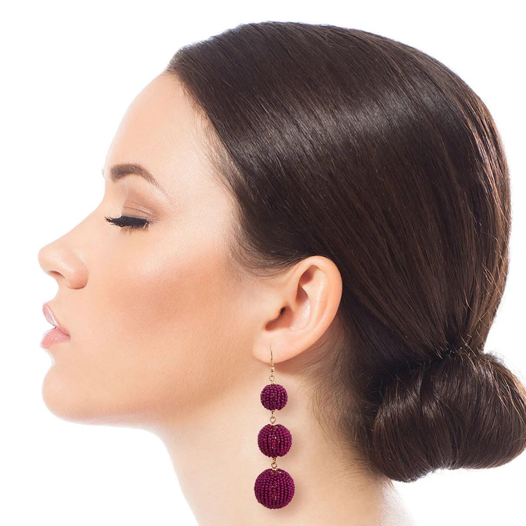 Purple Seed Bead Ball Trio Dangle Earrings with Gold Tone Findings - Handcrafted Statement Jewelry