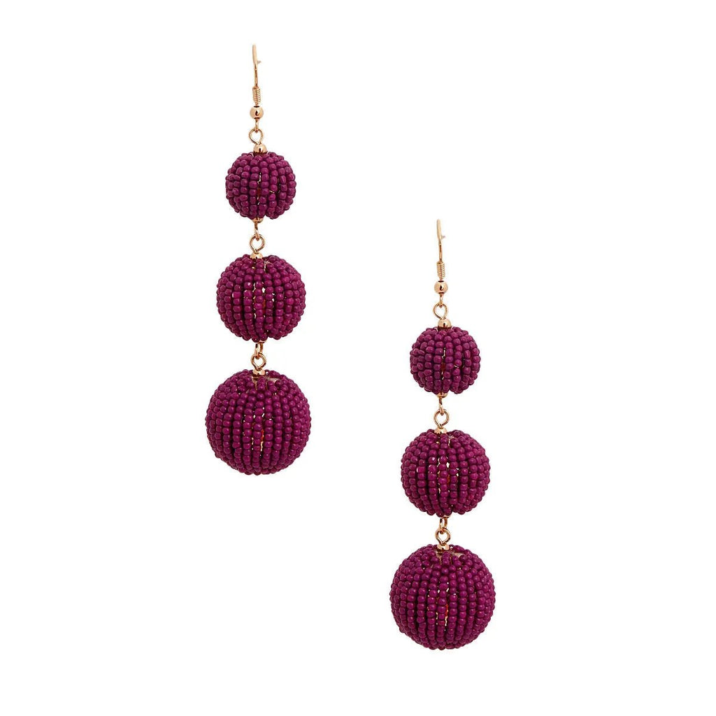 Purple Seed Bead Ball Trio Dangle Earrings with Gold Tone Findings - Handcrafted Statement Jewelry