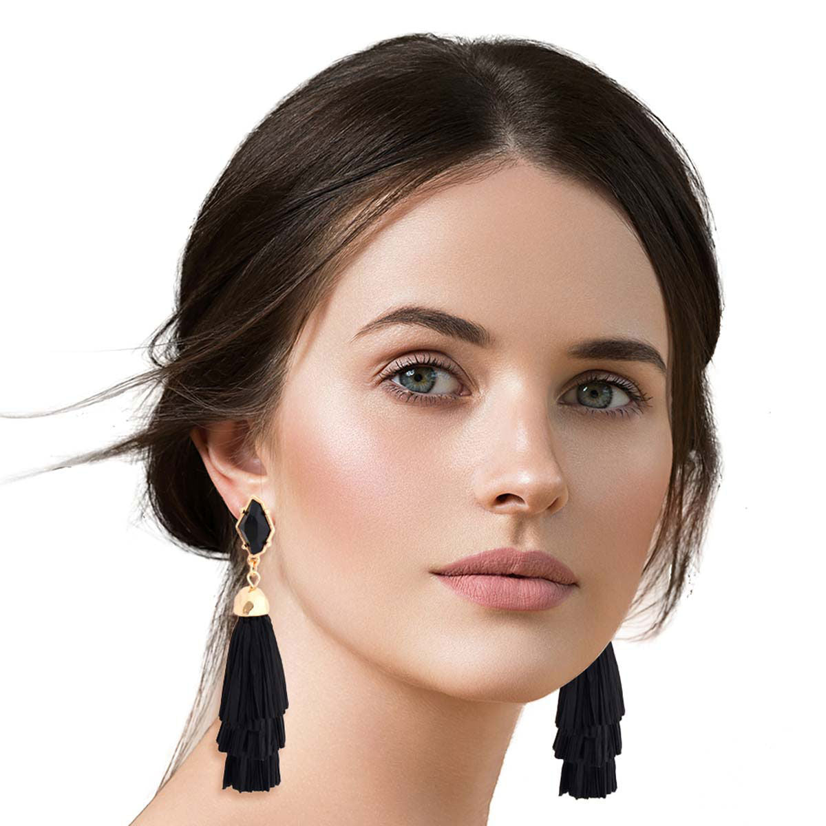 Black Raffia Tassel Drop Earrings Stacked Statement | Fashion Jewelry
