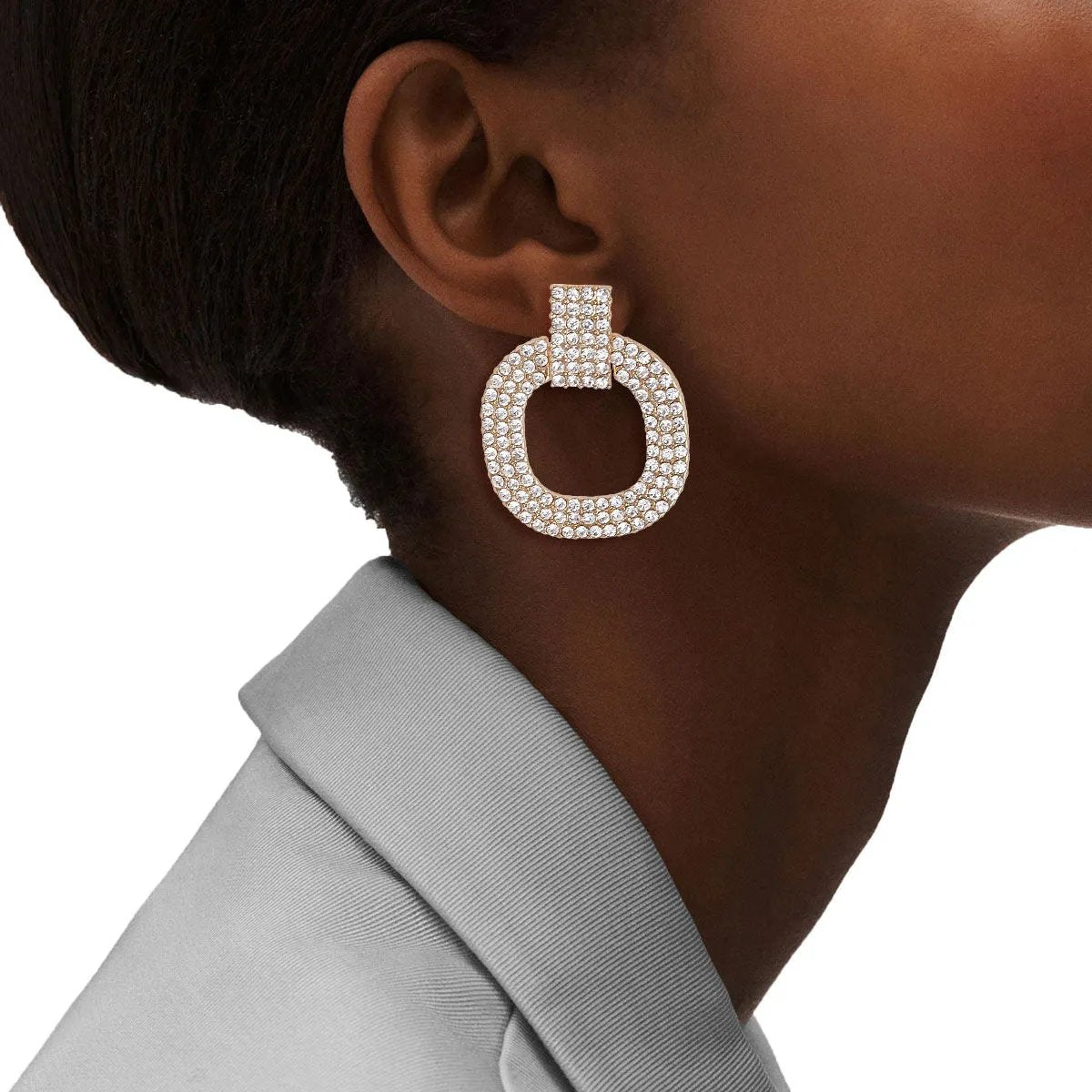 Gold Tone Pave Rhinestone Drop Earrings – Elegant Bridal Statement Jewelry