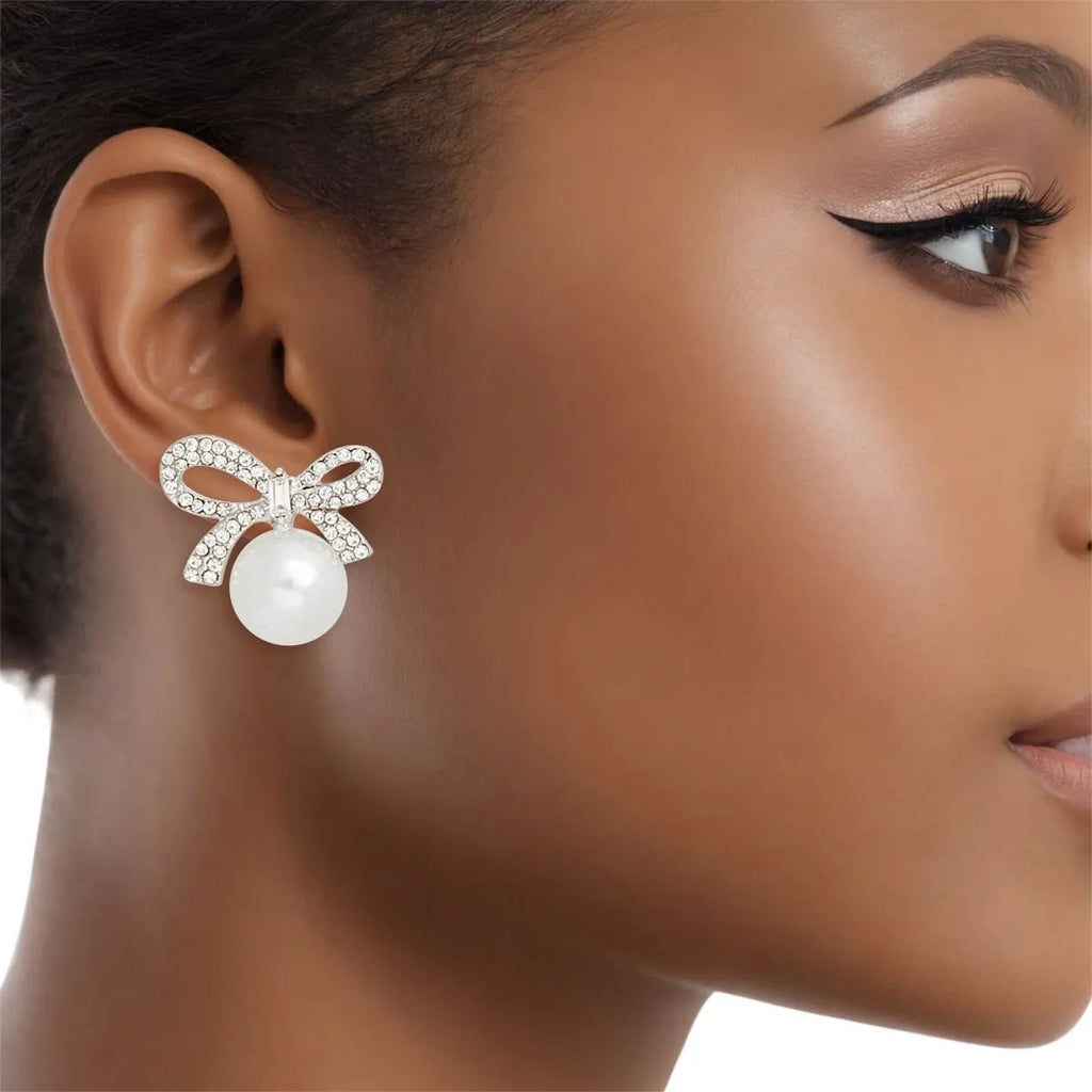 Studs Silver Ribbon Bow White Pearl Earrings Women