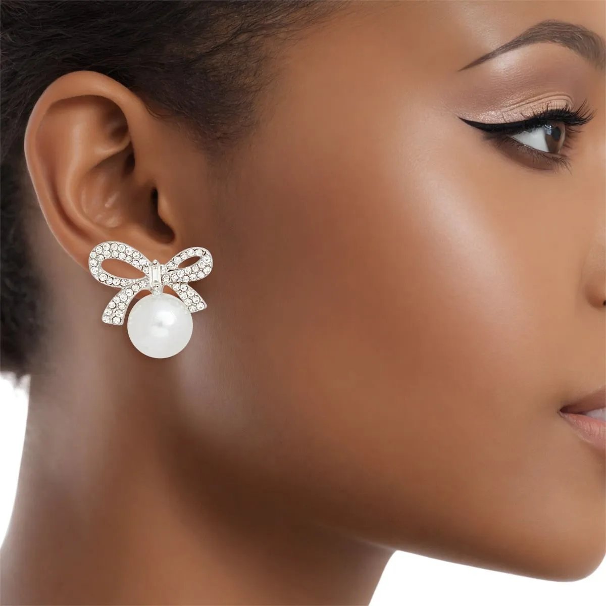 Studs Silver Ribbon Bow White Pearl Earrings Women