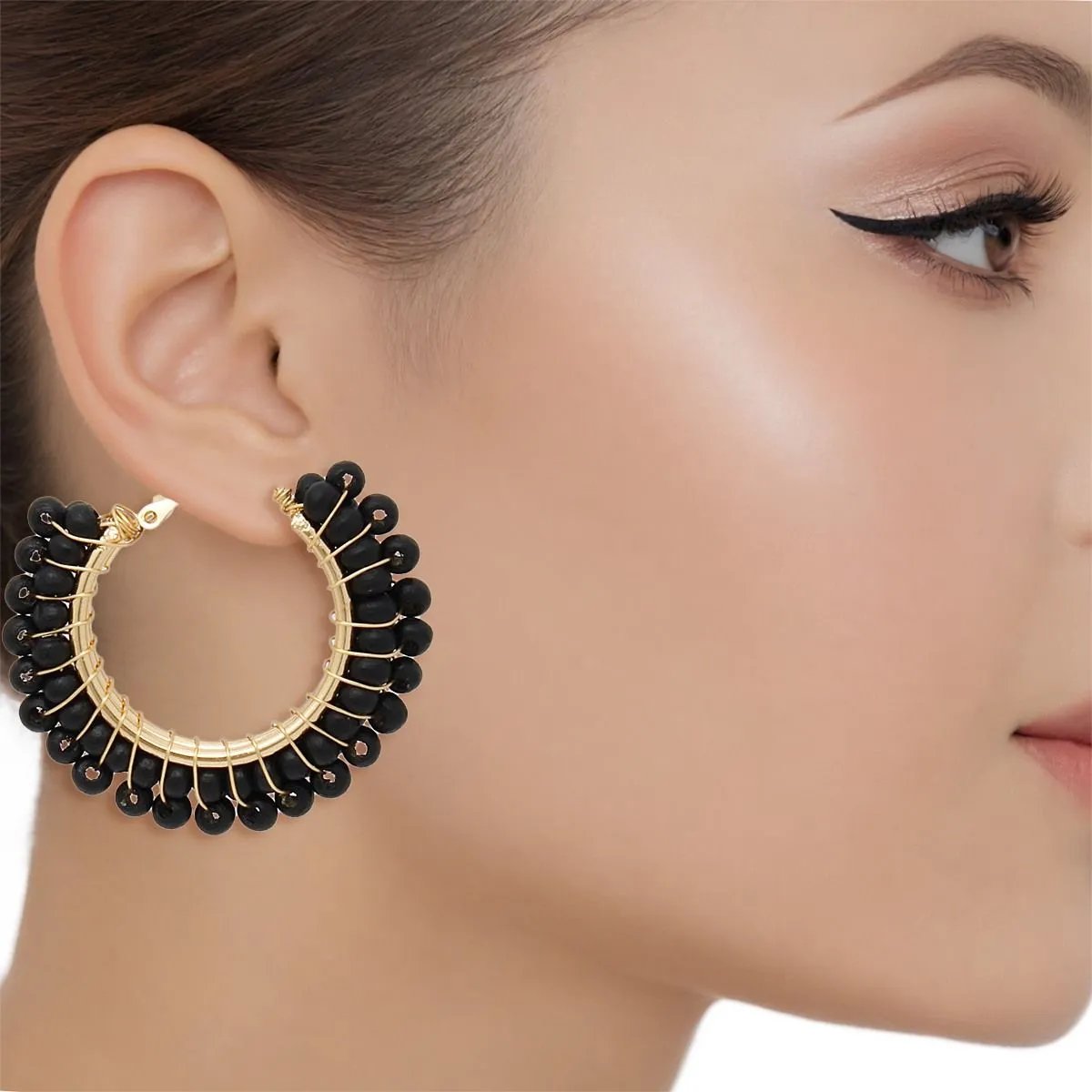 Black Beaded Hoop Earrings - Gold-Tone Statement Earrings with Vibrant Acrylic Beads