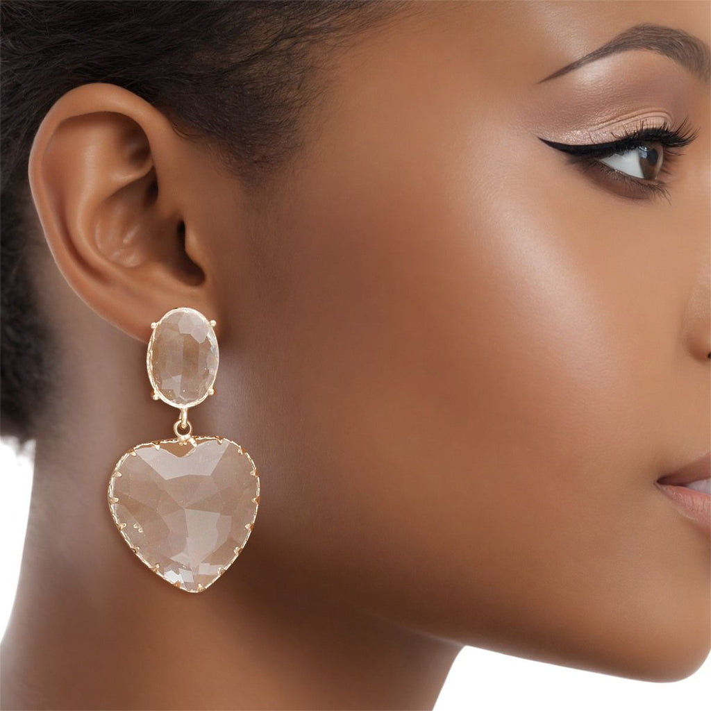 Clear Glass Drop Earrings Gold Tone Heart Dangle