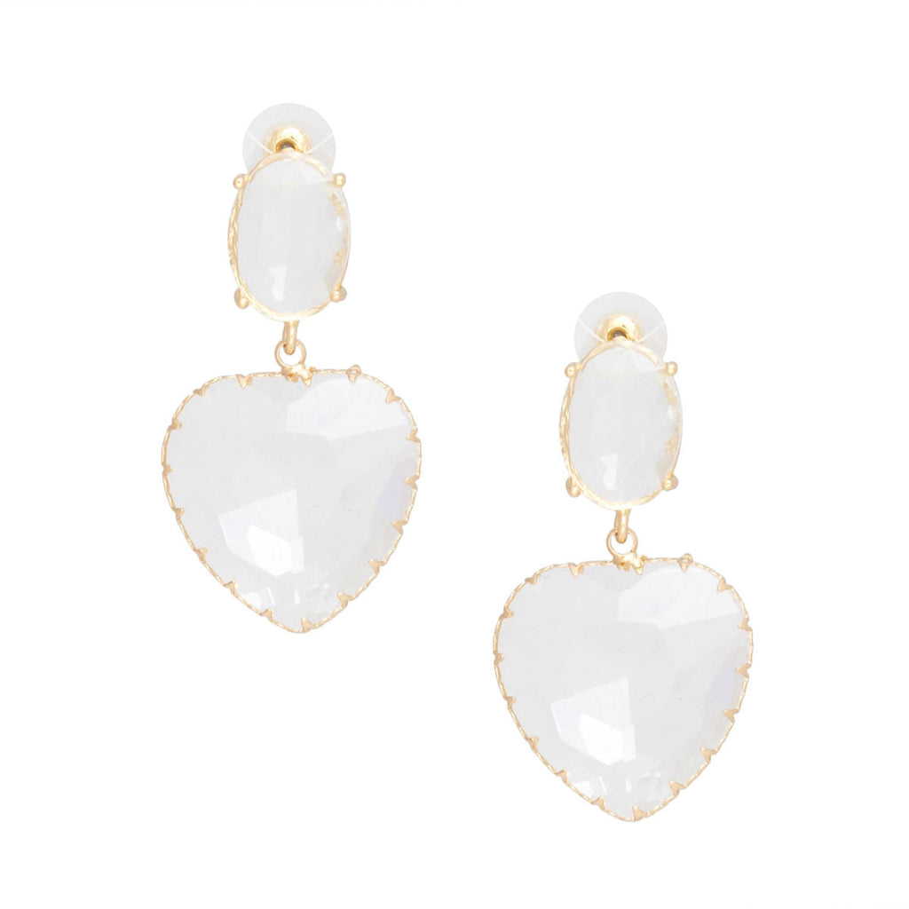 Clear Glass Drop Earrings Gold Tone Heart Dangle