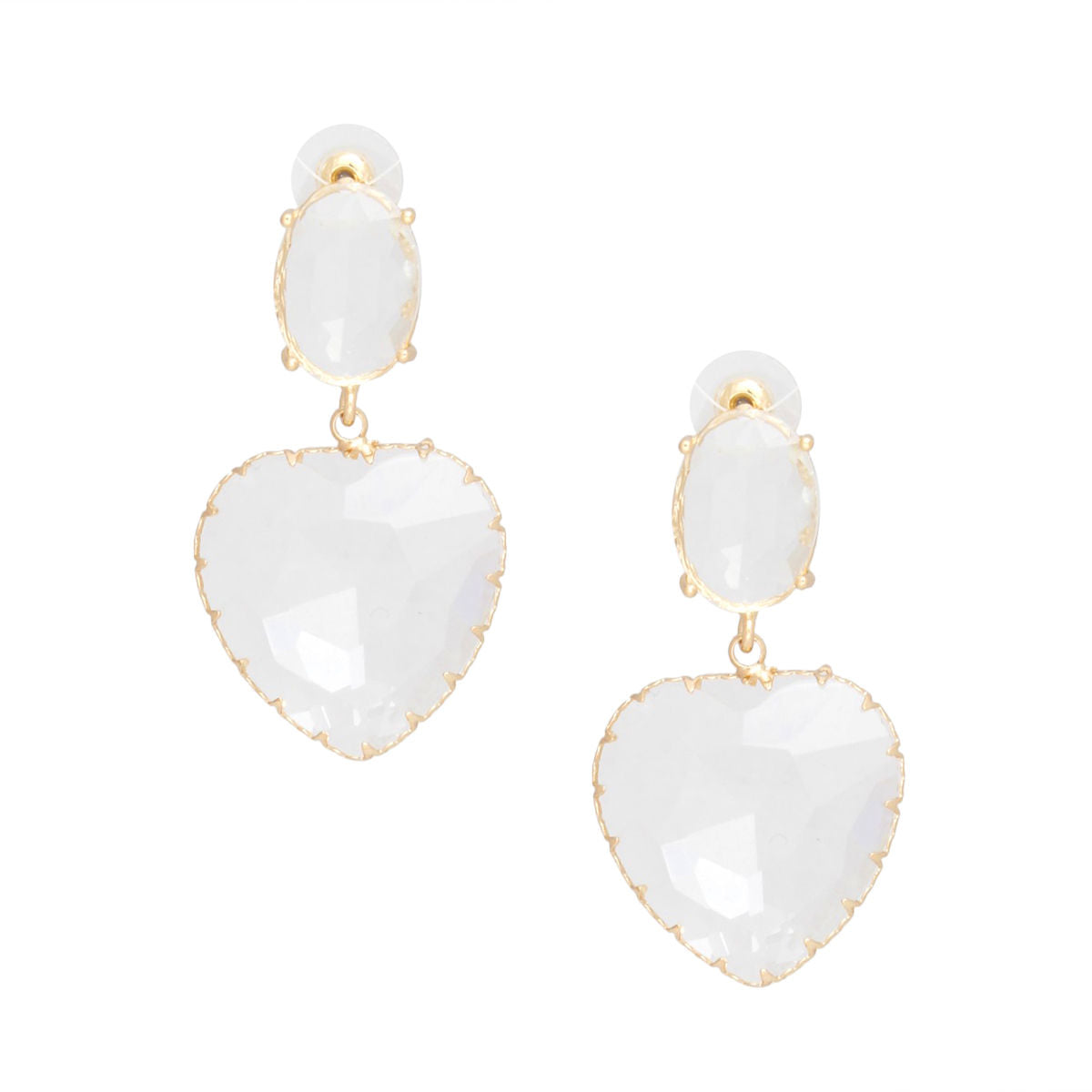 Clear Glass Drop Earrings Gold Tone Heart Dangle