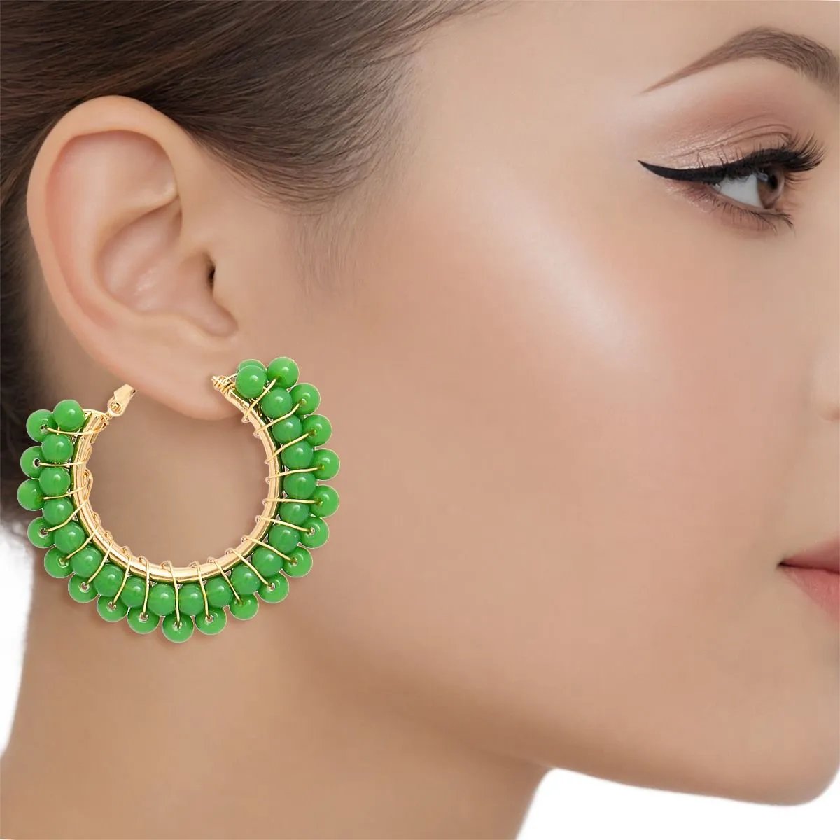 Green Beaded Hoop Earrings - Gold-Tone Statement Earrings with Vibrant Acrylic Beads