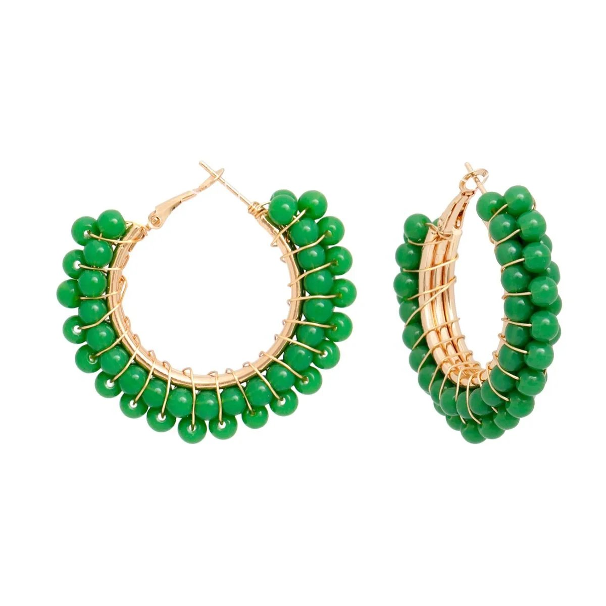 Green Beaded Hoop Earrings - Gold-Tone Statement Earrings with Vibrant Acrylic Beads