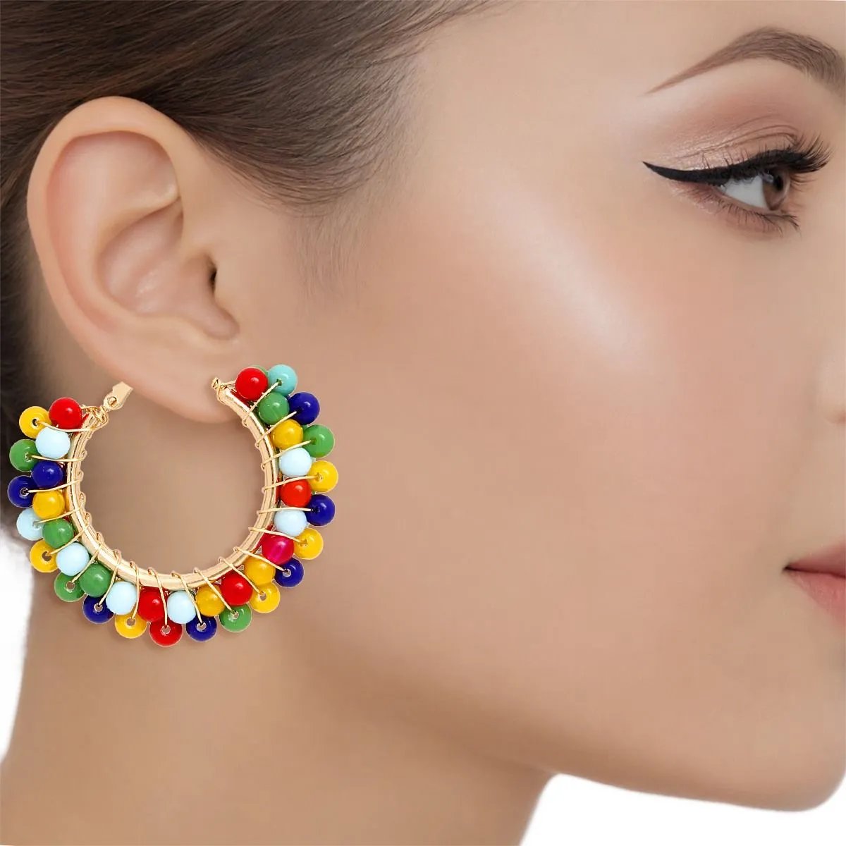 Multicolor Beaded Hoop Earrings - Gold-Tone Statement Earrings with Vibrant Acrylic Beads