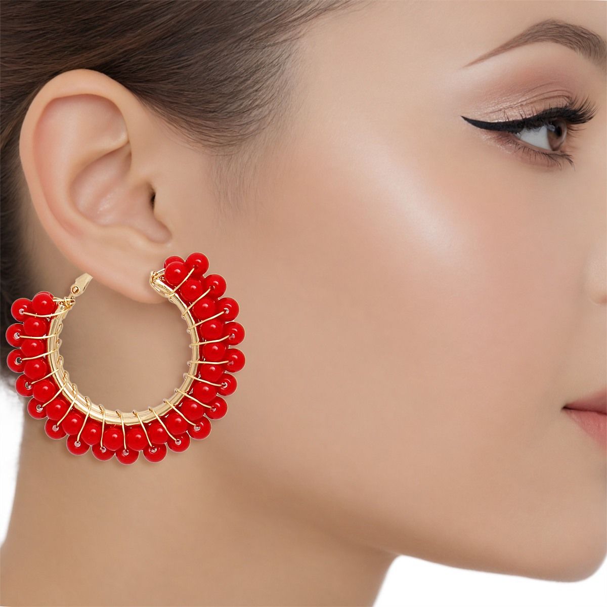Red Hoop Earrings with Acrylic Beads Pinktown