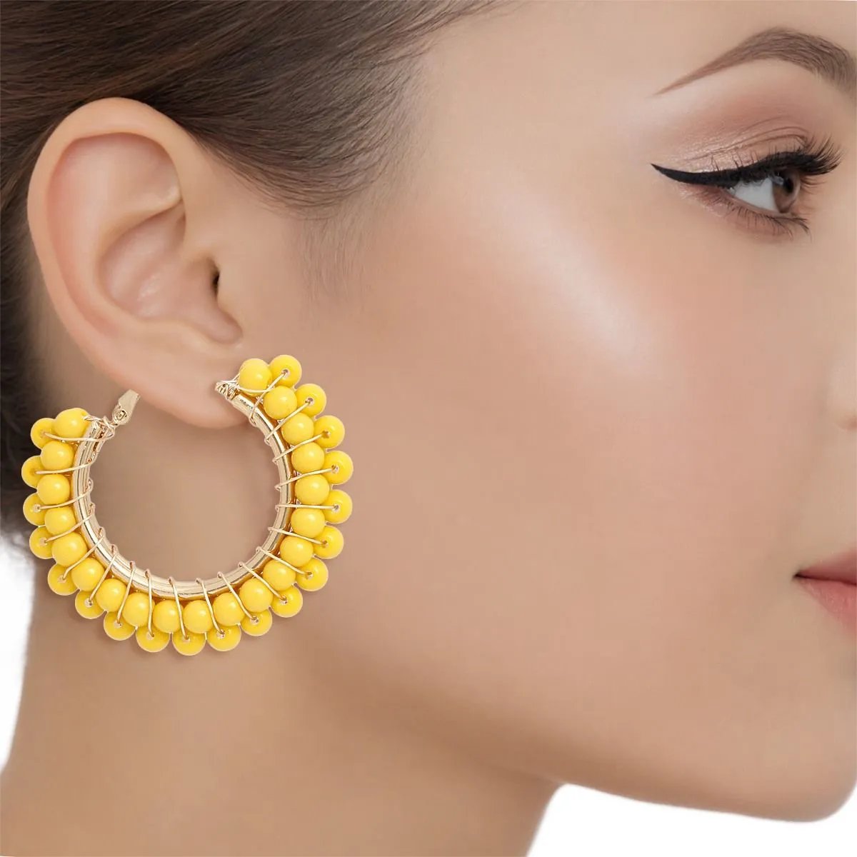 Yellow Beaded Hoop Earrings - Gold-Tone Statement Earrings with Vibrant Acrylic Beads