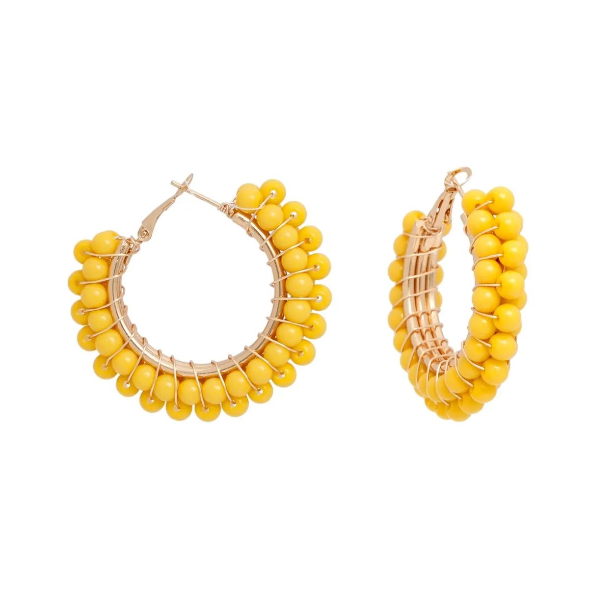 Yellow Beaded Hoop Earrings - Gold-Tone Statement Earrings with Vibrant Acrylic Beads