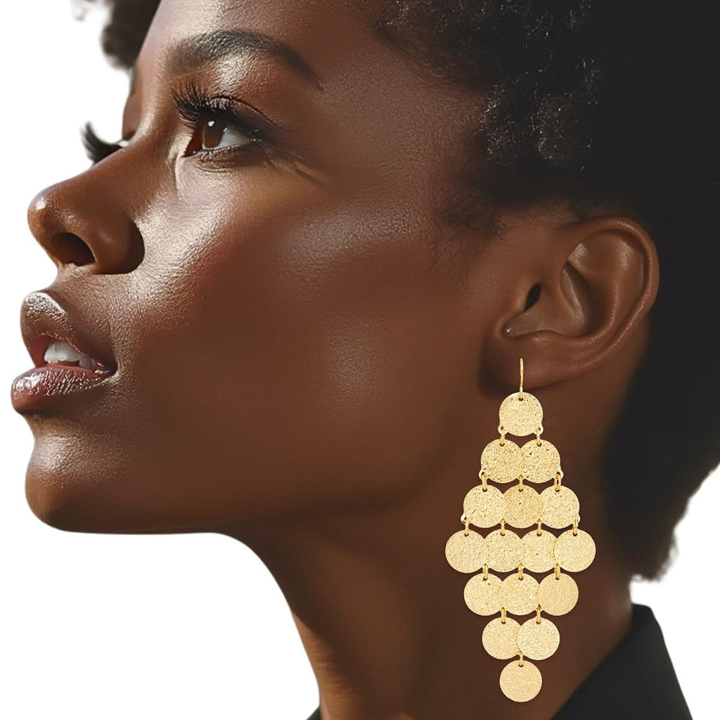Gold Coin Disc Dangle Earrings Brushed Finish Linked Drop | Fashion Jewelry