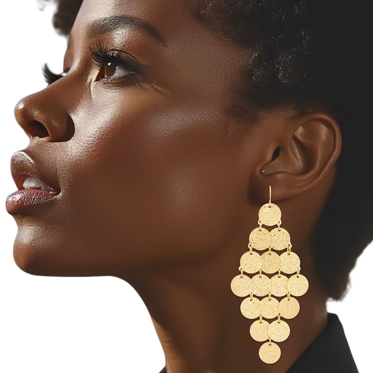 Gold Coin Disc Dangle Earrings Brushed Finish Linked Drop | Fashion Jewelry