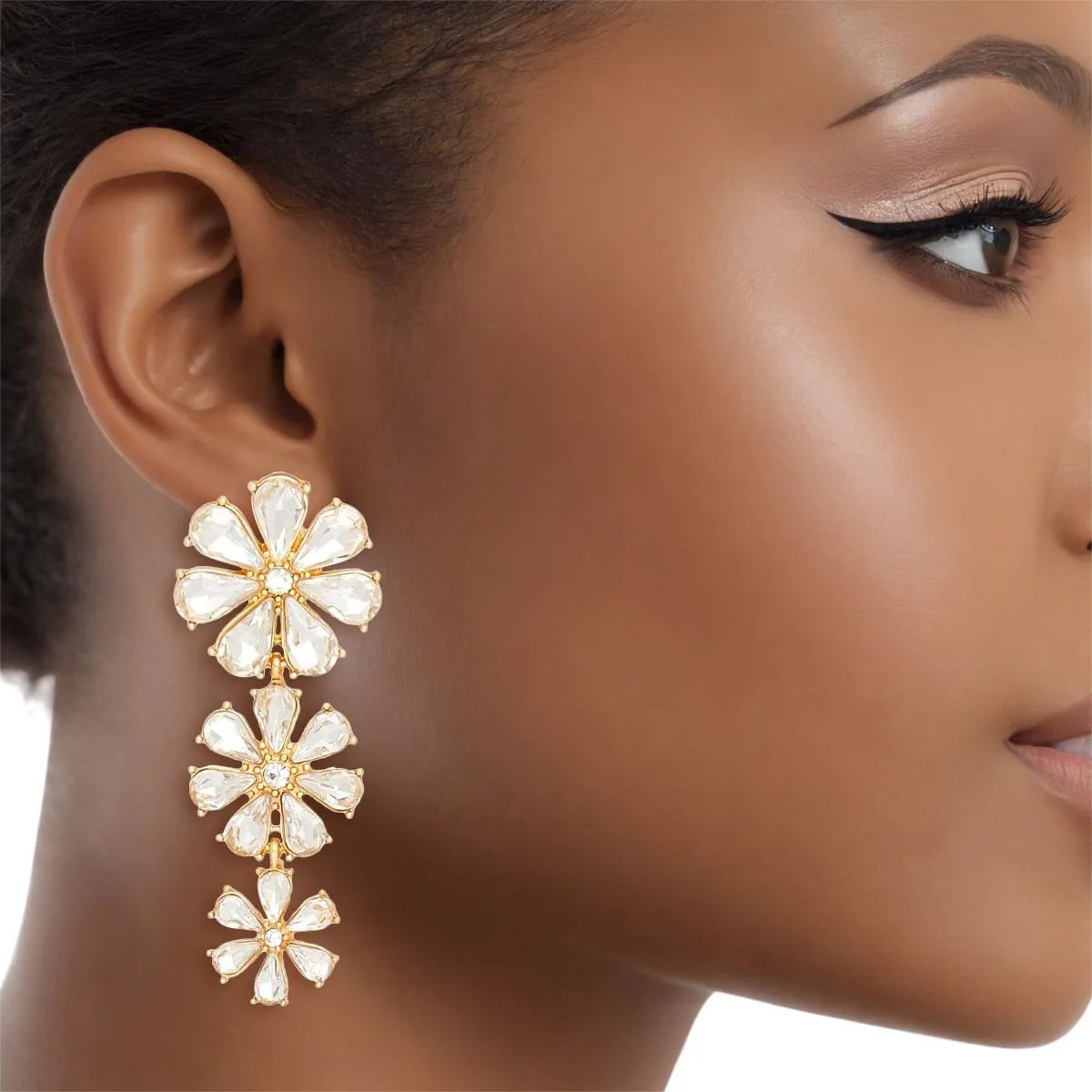 Gold-Tone Daisy Dangle Earrings with Teardrop Crystal Petals