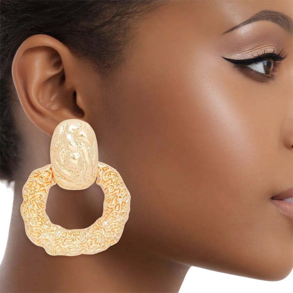 Jewelry Bubble Modernist Gold Door Knocker Drop Earrings with Textured Melted Metal – Lead & Nickel Compliant